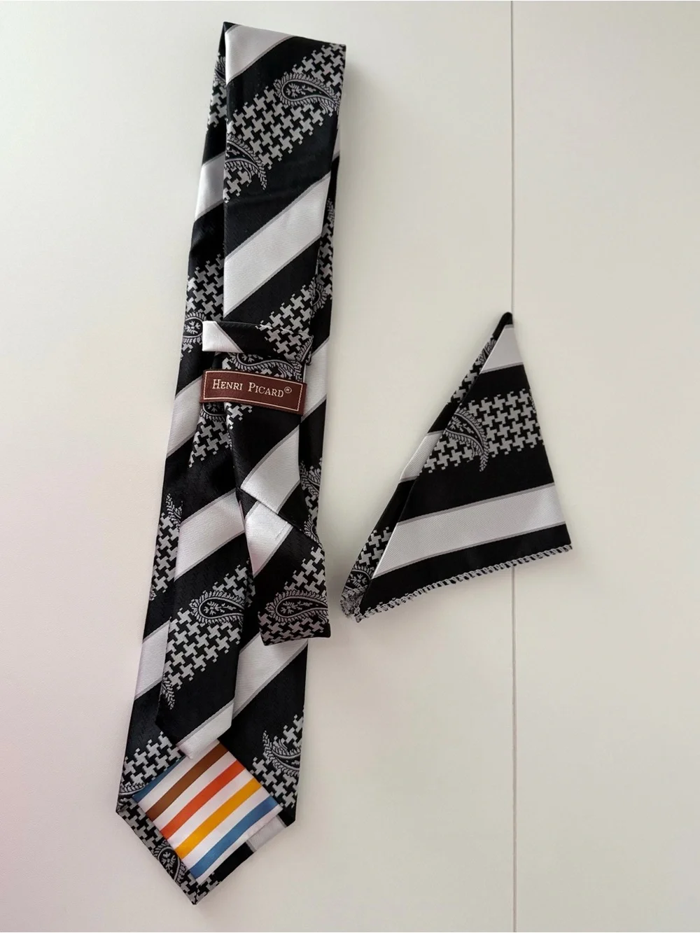 Henri Picard Men’s Black White Paisley Houndstooth Striped Tie & Pocket Square
